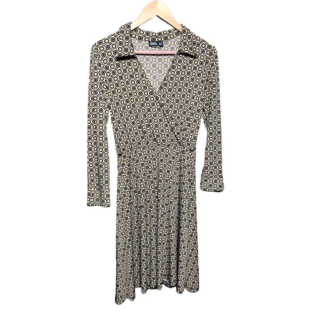 Vintage 90s Y2KSize Large Mod Print Dress vintage green retro v‎ neck wasted